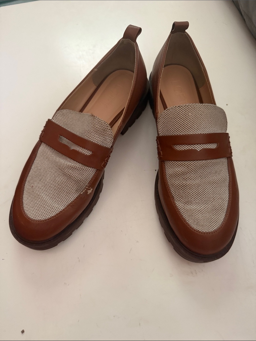 LOFT Brown Leather and Beige Mesh Penny Loafers